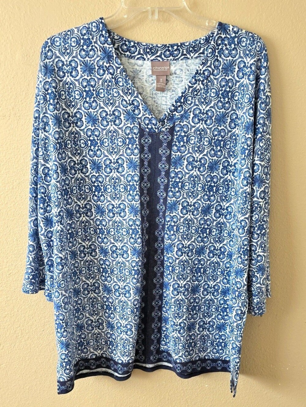 Chico's Womens Blue Boho Medallion 3/4 Sleeve Blouse Top - Size XL